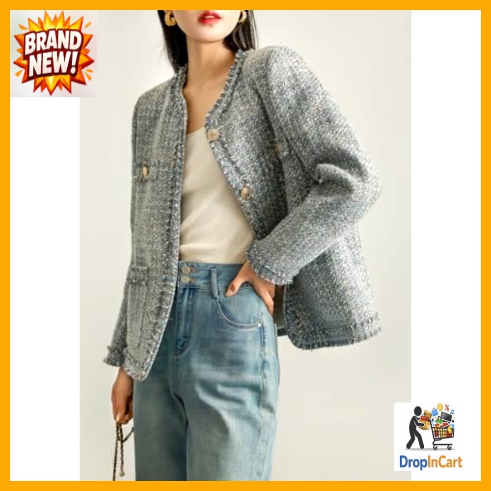 Tweed Blazer Collarless Button Down Classic Offic… - image 2